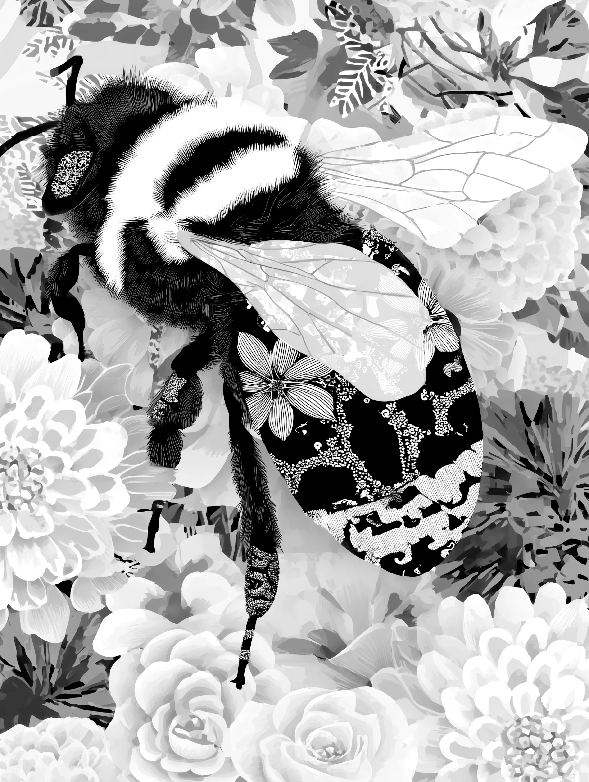 Free printable bee coloring page for adults featuring flower back side bee